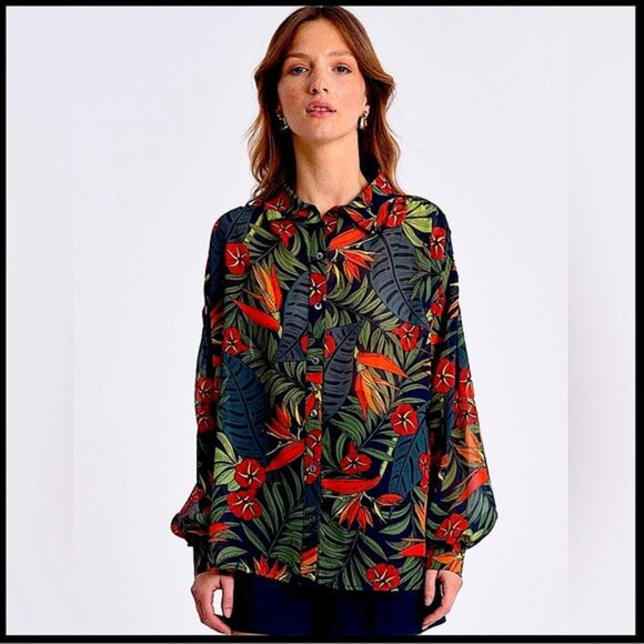 Molly Bracken Loose Printed Shirt for Women in Navy Size Small - Picture 3 of 4